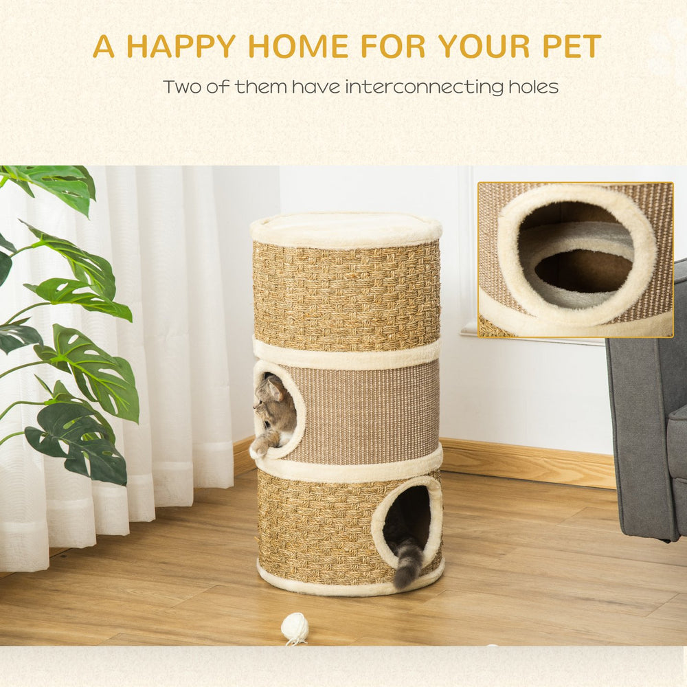 English Elm PawHut 3-Story Cat Condo Barrel House with Sisal Scratcher, Plush Lined Hideaway for Indoor Cats W2225P229193