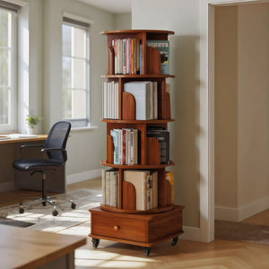 English Elm Rotating 5-Tier Corner Bookshelf With Drawer - 360° Swivel Space-Saving Rack For Modern Living Spaces W2641P329214-GIGA