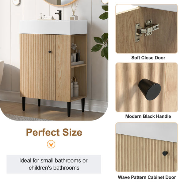 English Elm 21.6" Wood Bathroom Vanity with Ceramic Sink, Right Side Storage, Gold Legs, Soft-Close Doors, Modern SV000006AAD