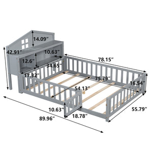 English Elm Full-size Montessori Floor Bed with Built-In Bookcase and Chalkboard, Space-Saving Solid Wood Platform for Kids Grey 56.3 L x 17.32 W x 5.31 H W1716S00013