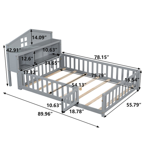 English Elm Full-size Montessori Floor Bed with Built-In Bookcase and Chalkboard, Space-Saving Solid Wood Platform for Kids Grey 56.3 L x 17.32 W x 5.31 H W1716S00013