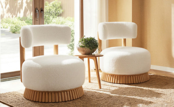 English Elm Modern Boucle Upholstered Armless Accent Chair Set with Thatched Wood Base for Living Room Beige N760S0000036A