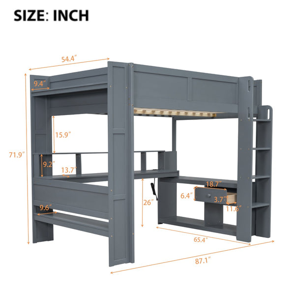 English Elm Wood Full Size Loft Bed with Built-in Desk Led Lighting and Charging Station SM000374AAE-1