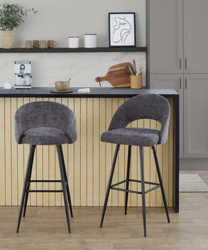 English Elm Fixed-height Metal Frame Barstools with Upholstered Seats and Geometric Footrest Set of 2 Dark Grey B202S01938