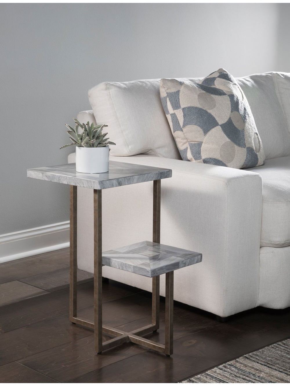 Lexington Artistica Home Salvo Rectangular Tier Spot Table - Unique Grey Mist Stone Top With Elegant Antiqued Silver Base Aged Antique Silver Wood 2190-951