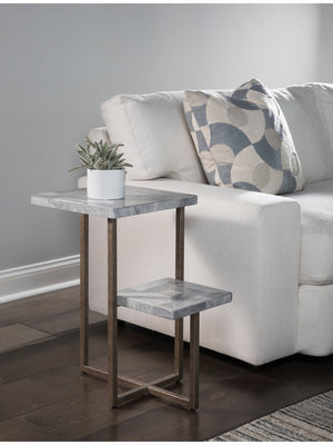 Lexington Artistica Home Salvo Rectangular Tier Spot Table - Unique Grey Mist Stone Top With Elegant Antiqued Silver Base Aged Antique Silver Wood 2190-951