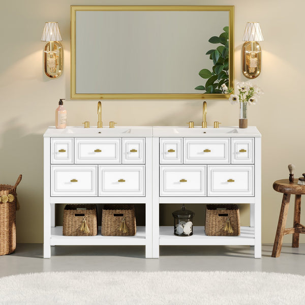 English Elm 60'' Elegant Bathroom Vanity Set With Ceramic Sink, Solid Wood Frame, Ample Storage & Modern Design N710SS00004K