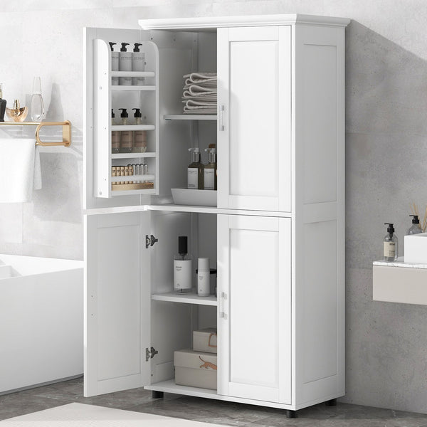 English Elm Tall White Bathroom Storage Cabinet - 4-Door Freestanding MDF Unit, Adjustable Shelves, Slim 61.8" x 18.3" x 7.5" WF323345AAK