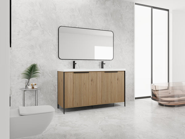English Elm 60" Freestanding Bathroom Vanity with Double Resin Sink, Soft-Close Doors, Adjustable Shelves, Water-Resistant Finish W999S00383