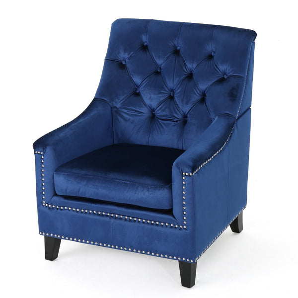 English Elm Christopher Knight Home® - Velvet Tufted Club Chair Jaclyn in Navy Blue — Luxe Tufting, Stud Trim, Plush Seat for Cozy Reading N758P278053B
