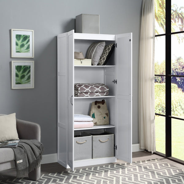 English Elm Hopkins Tall Storage Cabinet with 4 Adjustable Shelves, Soft-Close Doors & Black Metal Pulls White B365P398307