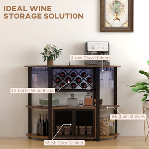 English Elm HOMCOM Industrial Wine Bar Cabinet with LED Lights, Charging Station, 10-Bottle Rack, Rustic Brown W2225P200789