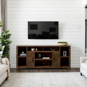 English Elm 74 Inch TV Console Whiskey Finish for TVs up to 85" — Knotty Alder, 6 Shelves, Slat Doors, No Assembly Needed B108P160189