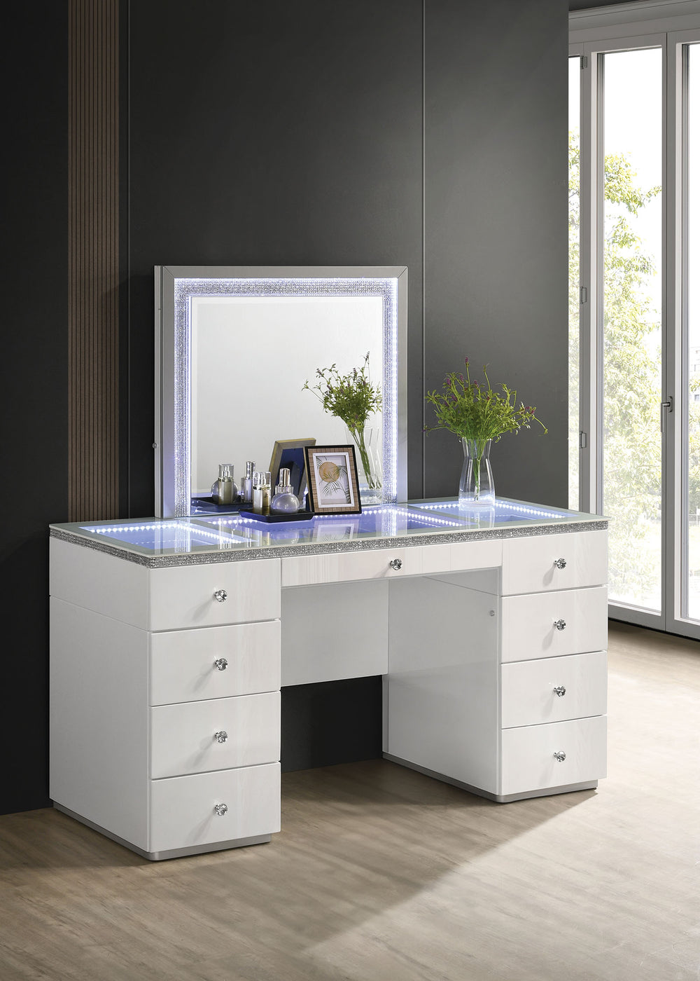 English Elm Contemporary Glam Vanity with Rhinestone Trim and Tempered Glass Top, High Gloss Finish, Illuminated Appeal White 35 L x 31 W x 4 H B2741S00672