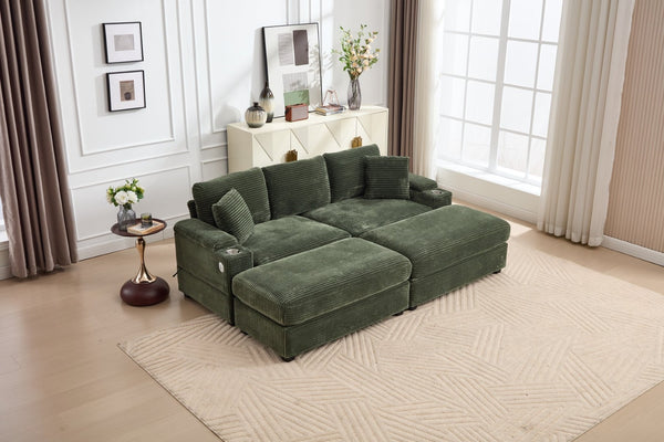 English Elm combination Modular Corduroy Sectional with Usb Charging Deep Foam Seats Green W2120S00013