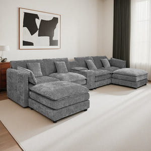 English Elm U Shaped Sectional Cloud Couch for Living Room 144" Plush Modular Sofa with Ottoman Storage Console Cupholders Grey W3276S00012