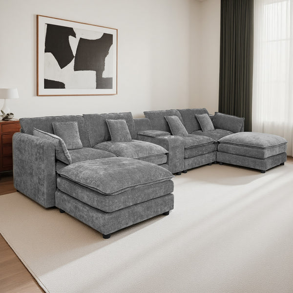 English Elm U Shaped Sectional Cloud Couch for Living Room 144" Plush Modular Sofa with Ottoman Storage Console Cupholders Grey W3276S00012