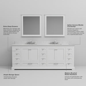 English Elm White 84" Double Bath Vanity with Carrara Marble Top, 14 Drawers, Soft-Close, Chrome Faucet Set B2731P258420