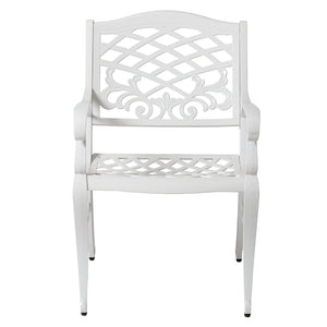English Elm Phoenix Cast Aluminum Outdoor Dining Arm Chairs Ornate Lattice Scroll Garden Patio Set White N776P381164W
