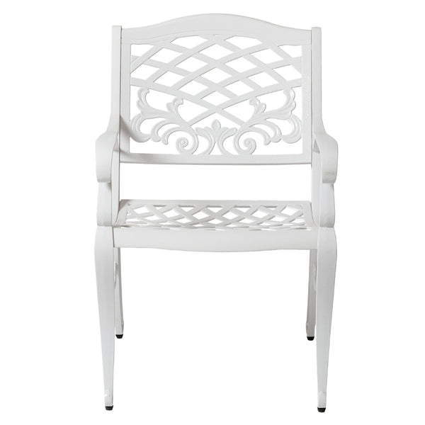 English Elm Phoenix Cast Aluminum Outdoor Dining Arm Chairs Ornate Lattice Scroll Garden Patio Set White N776P381164W