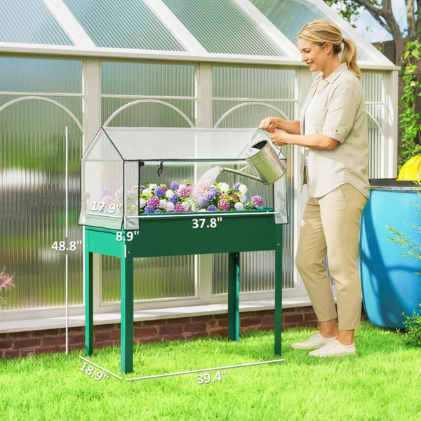 English Elm Modern Raised Steel Garden Bed with Greenhouse Cover for Year Round Outdoor Growing T3971P467392
