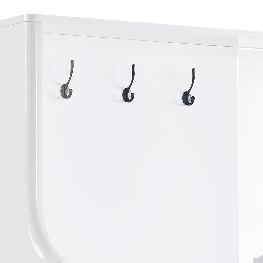 English Elm Buck Buck II White High Gloss Hall Tree with Padded Seat, Mirror, 3 Hooks & 2-Door Storage Cabinet B2726P278589