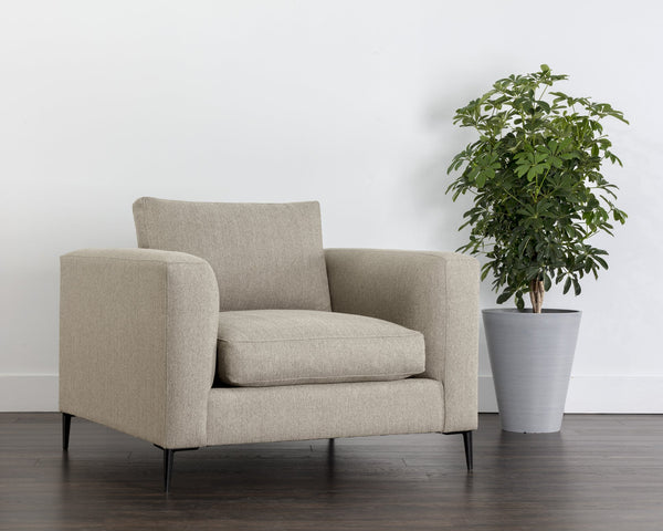 Sunpan Byward Armchair - Luxurious Eco-Friendly Design with Feather-Wrapped Cushions & Black Metal Legs