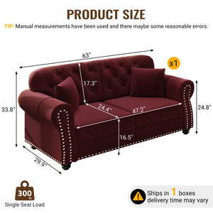 English Elm 63"upholstered Velvet Chesterfield Loveseat Mid Century Tufted Nailhead Compact Living Room Burgundy W1885P448725