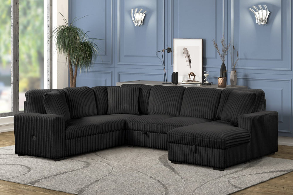 English Elm Grande Black Sectional Sofa with Sleeper Storage and Usb-c for Modern Living Rooms B009S01444