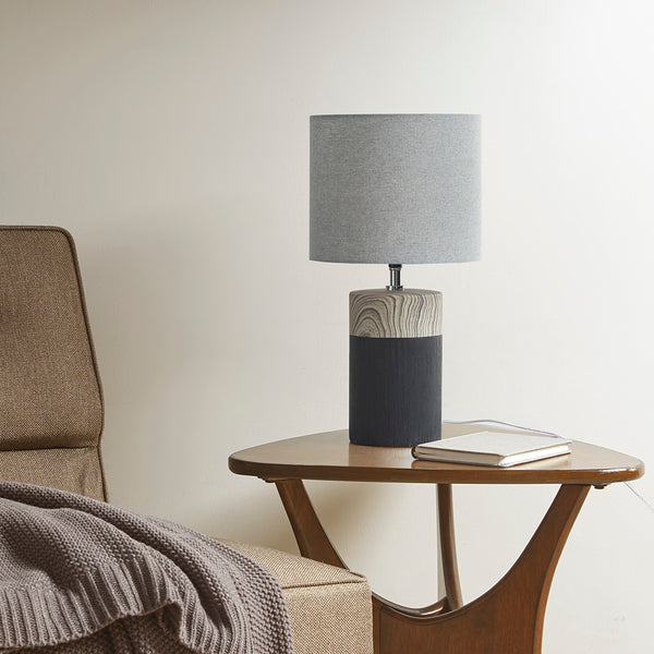 JLA Home 510 Design - Textured Ceramic Table Lamp with Two-Tone Wood-Grain Base and Drum Shade for Warm Ambient Glow 5DS153-0037
