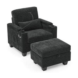 English Elm Single Chenille Manual Recliner with Usb Port Hidden Storage Ottoman and Cup Holders Black W487P423649