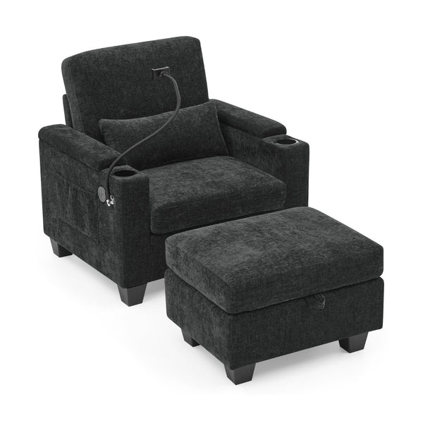 English Elm Single Chenille Manual Recliner with Usb Port Hidden Storage Ottoman and Cup Holders Black W487P423649