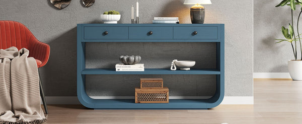 English Elm [video] Sculptural Console Table Pine Wood Curved Legs Soft-close Drawers Open Shelving Entryway Blue N759P433560C