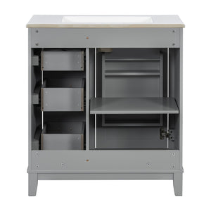 English Elm 30-inch Modern Bathroom Vanity with Ceramic Basin, Rubberwood Frame, Soft-Close Drawers & Organized Storage Grey N729P290689E