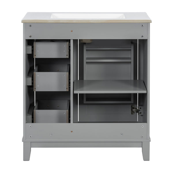 English Elm 30-inch Modern Bathroom Vanity with Ceramic Basin, Rubberwood Frame, Soft-Close Drawers & Organized Storage Grey N729P290689E