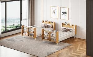 English Elm Twin Metal Bunk Bed with Built-In Headboard Storage and Footboard Shelves, Sturdy Space-Saving Design White SF000176AAK