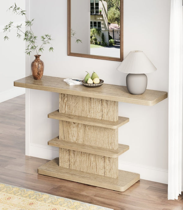 English Elm 63"vintage Walnut Console Table Two Open Shelves Slim Hallway Living Room Accent W757P399693
