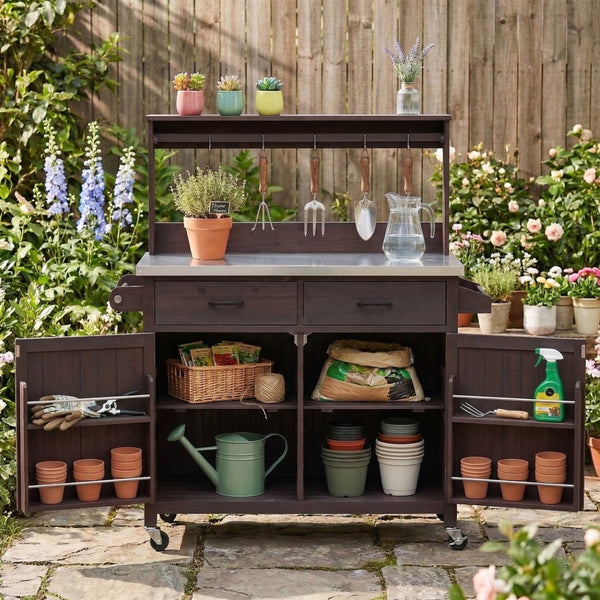 English Elm K&k Solid Fir Grill Cart Stainless Steel Top Outdoor Kitchen Station with Locking Wheels Brown N707P409087Z