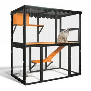 English Elm Wooden Walk-in Catio Enclosure for Multiple Cats with 4 Tier Levels and Waterproof Roof W3166P442040