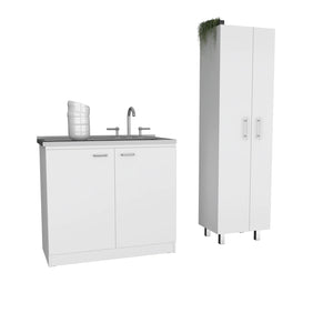 English Elm White Two Piece Laundry Room Set with Stainless Steel Sink Cabinet and Tall Pantry B062S00557