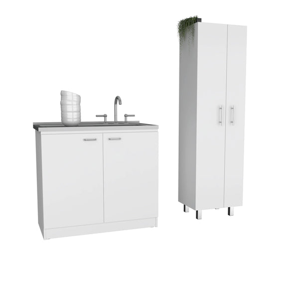 English Elm White Two Piece Laundry Room Set with Stainless Steel Sink Cabinet and Tall Pantry B062S00557