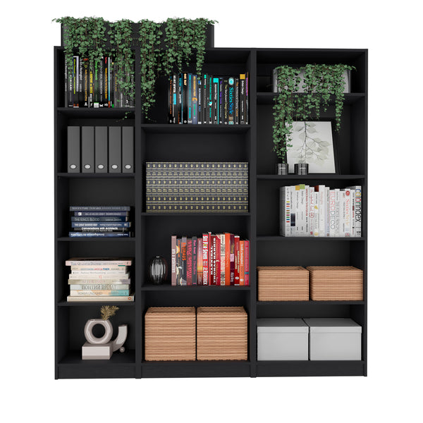 English Elm Dupree Modern 3-Piece Bookcase Set with 14 Shelves for Stylish, Versatile Living Room Storage Solutions Black 41 L x 28 W x 5 H B200S00309