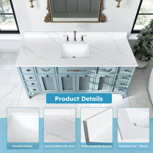English Elm 61-inch Carrara Quartz Vanity Top Undermount Sink Backsplash Stain Resistant Bath W2699P459410