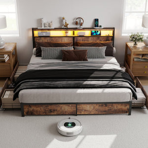English Elm Queen Metal Platform Bed with Rgb Led Headboard Charging Station and Underbed Storage T3963P482840