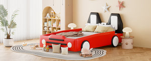 English Elm Twin Race Car Platform Bed with Wheels for Kids — Sturdy PU Leather Frame, Safety Rails, 250lb Capacity Red SF000128AAJ