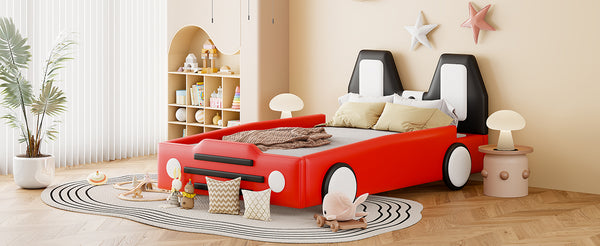 English Elm Twin Race Car Platform Bed with Wheels for Kids — Sturdy PU Leather Frame, Safety Rails, 250lb Capacity Red SF000128AAJ