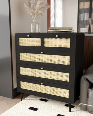 English Elm 4 Drawer Dresser Black - Modern Rattan-Front Chest with Wide Metal-Handle Drawers, Durable MDF Storage W2227P144261