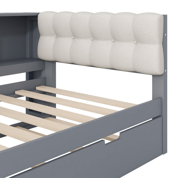 English Elm Wood Twin Platform Bed Linen Headboard Storage Shelves Trundle Charging Station Gray N709P004023E