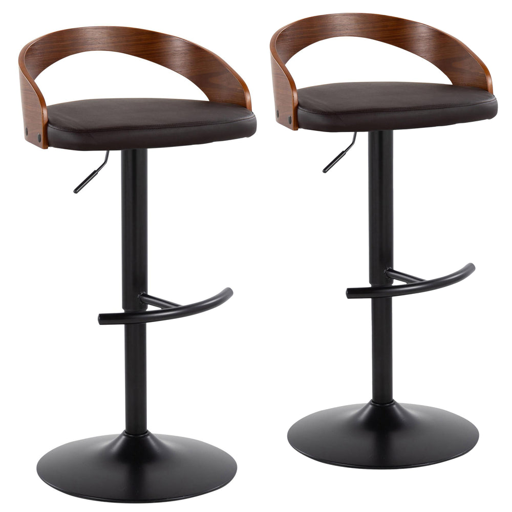 English Elm Grotto Adjustable Barstools Set Of 2 - Contemporary Black Metal, Walnut Wood & Brown Faux Leather B202S00910