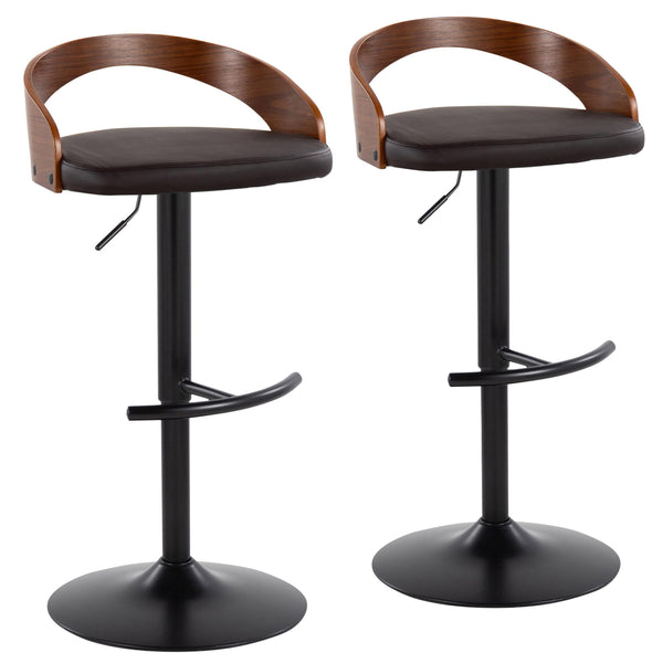 English Elm Grotto Adjustable Barstools Set Of 2 - Contemporary Black Metal, Walnut Wood & Brown Faux Leather B202S00910